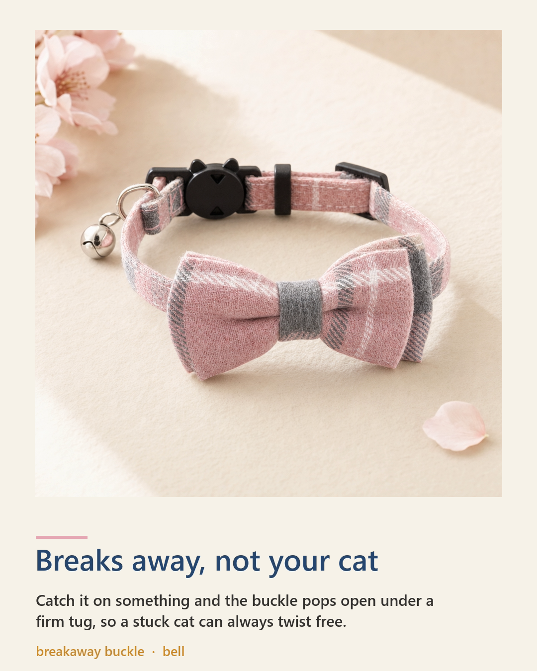 The Sakura collar breakaway safety buckle pops open under a firm tug, and it comes with a bell.