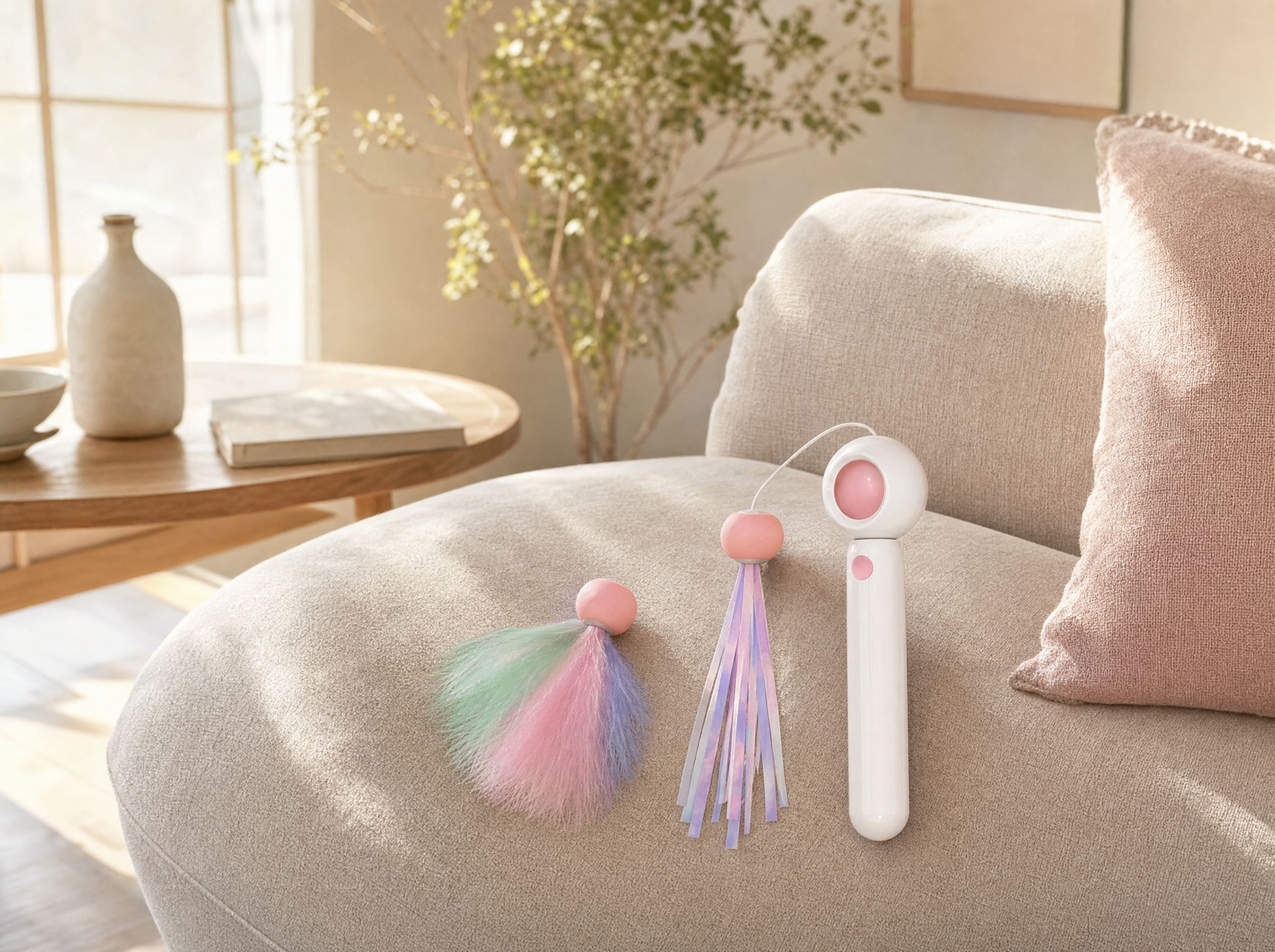 Hanabi Wand Set resting on a linen sofa in a sunlit room