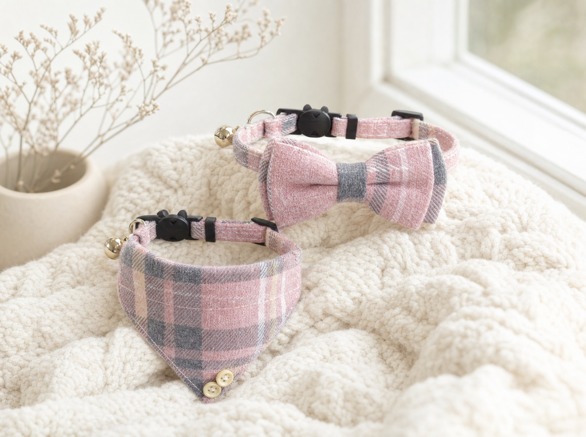 Sakura Collar Set draped on a cream knit blanket by a window