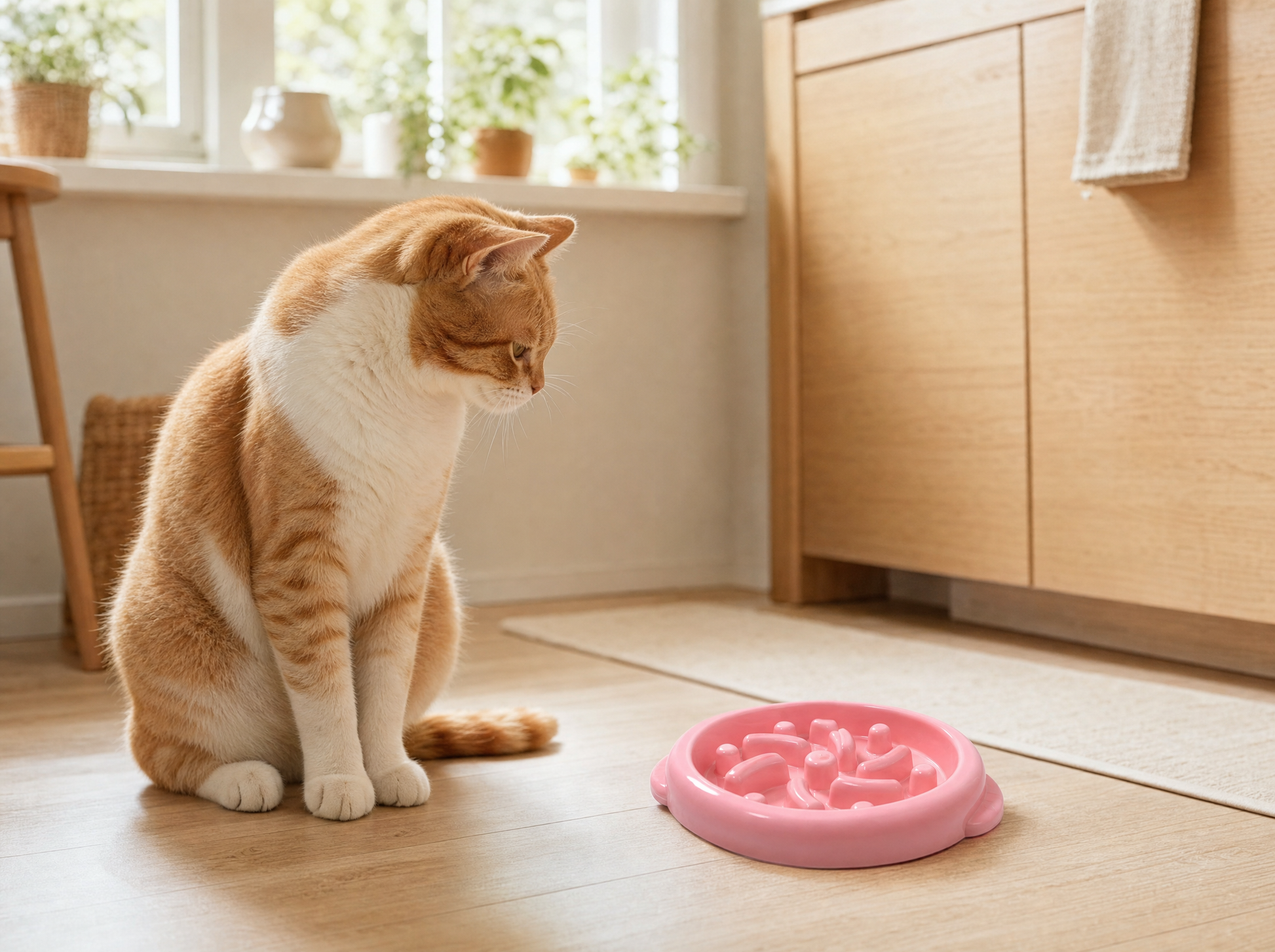 A ginger and white cat sitting beside the Gorogoro Bowl