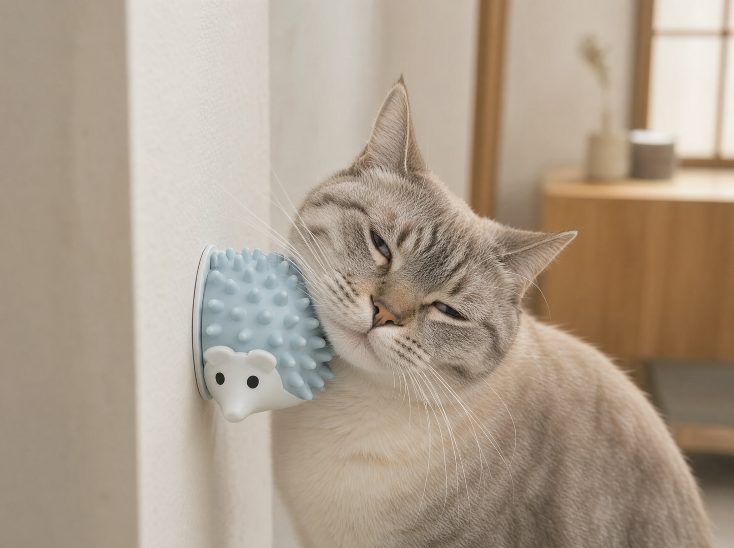 A cat cheek-rubbing the small Nadenade Arch hedgehog groomer, wall-mounted flush on its base plate