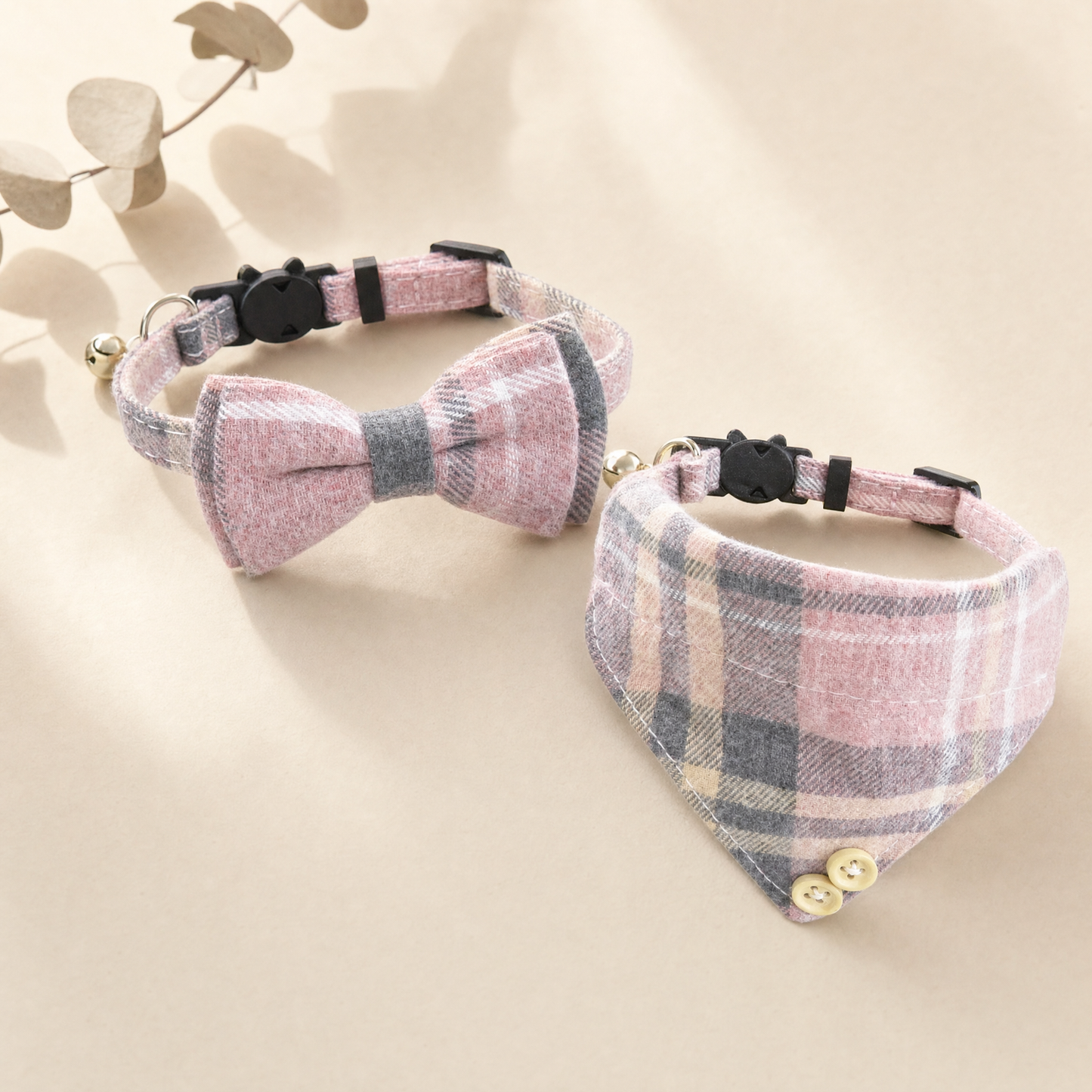 Sakura Collar Set plaid bow tie collar and bandana collar with breakaway buckle