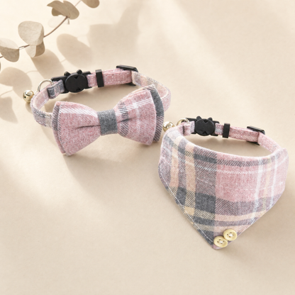 Sakura Collar Set plaid bow tie collar and bandana collar with breakaway buckle