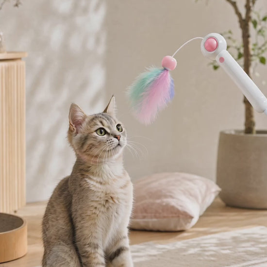 Hanabi feather cat wand with a kitten reaching to bat it.