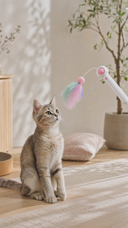Hanabi feather cat wand with a kitten reaching to bat it.