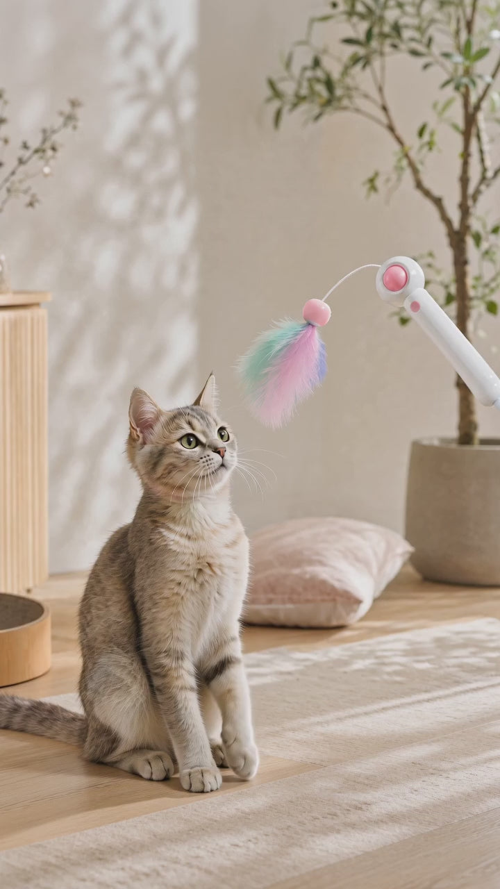 Hanabi feather cat wand with a kitten reaching to bat it.